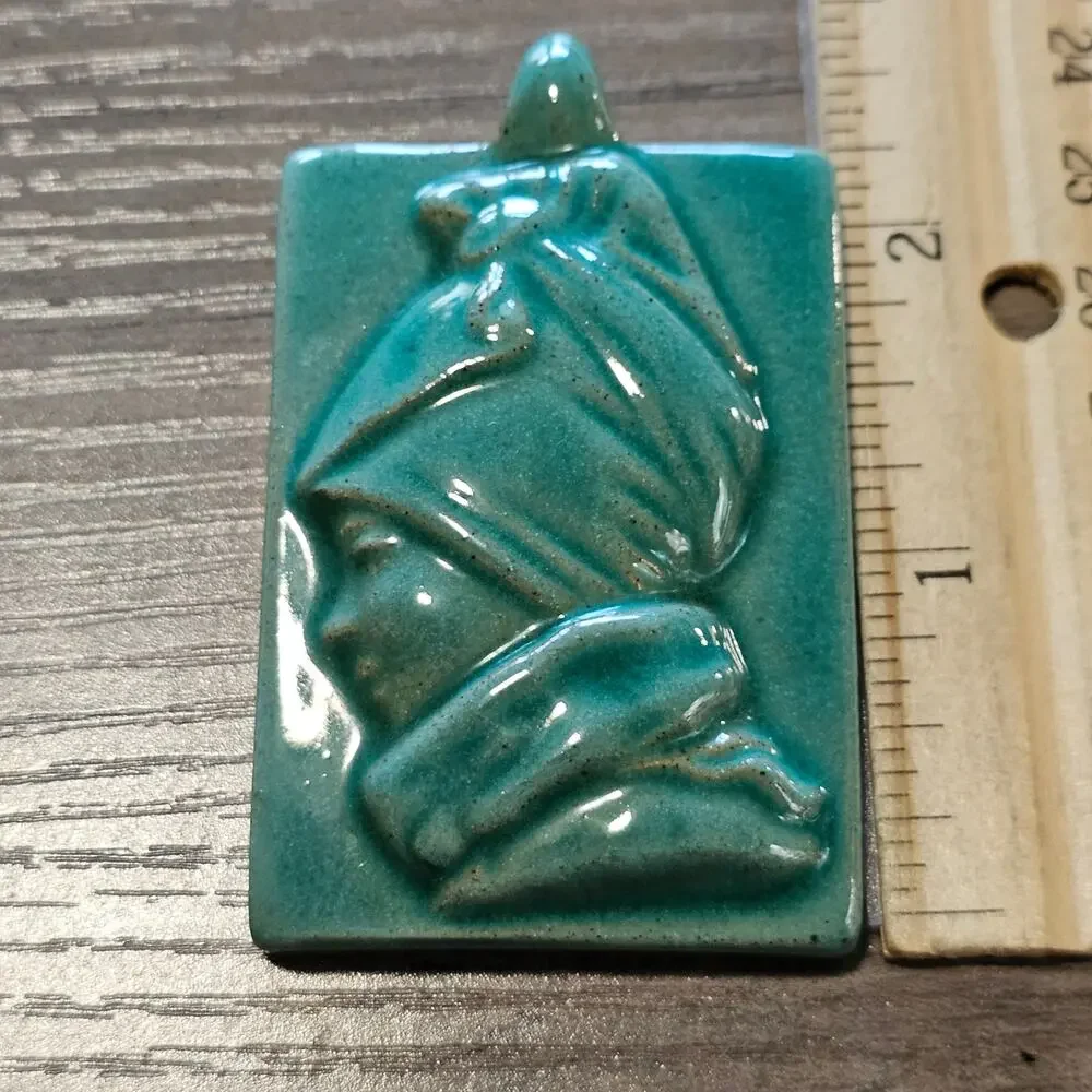 Vintage Turquoise Ceramic Pottery Figural Profile Pendant